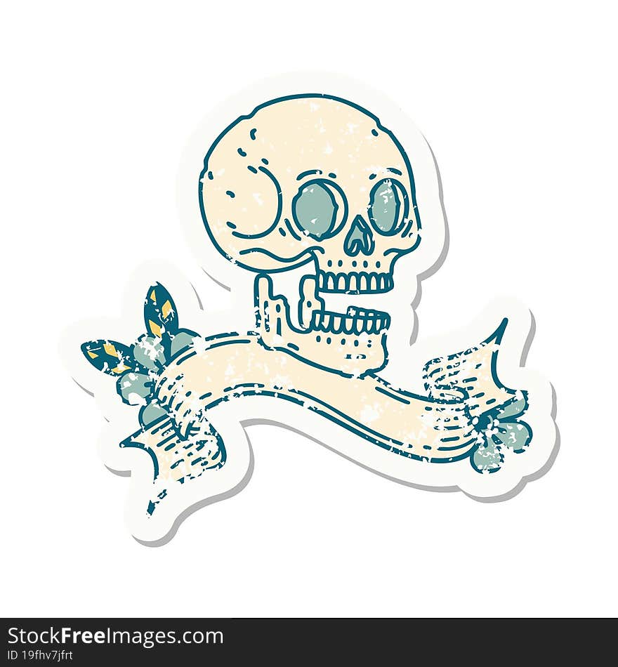 grunge sticker with banner of a skull