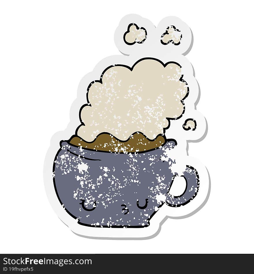 distressed sticker of a cute cartoon coffee cup