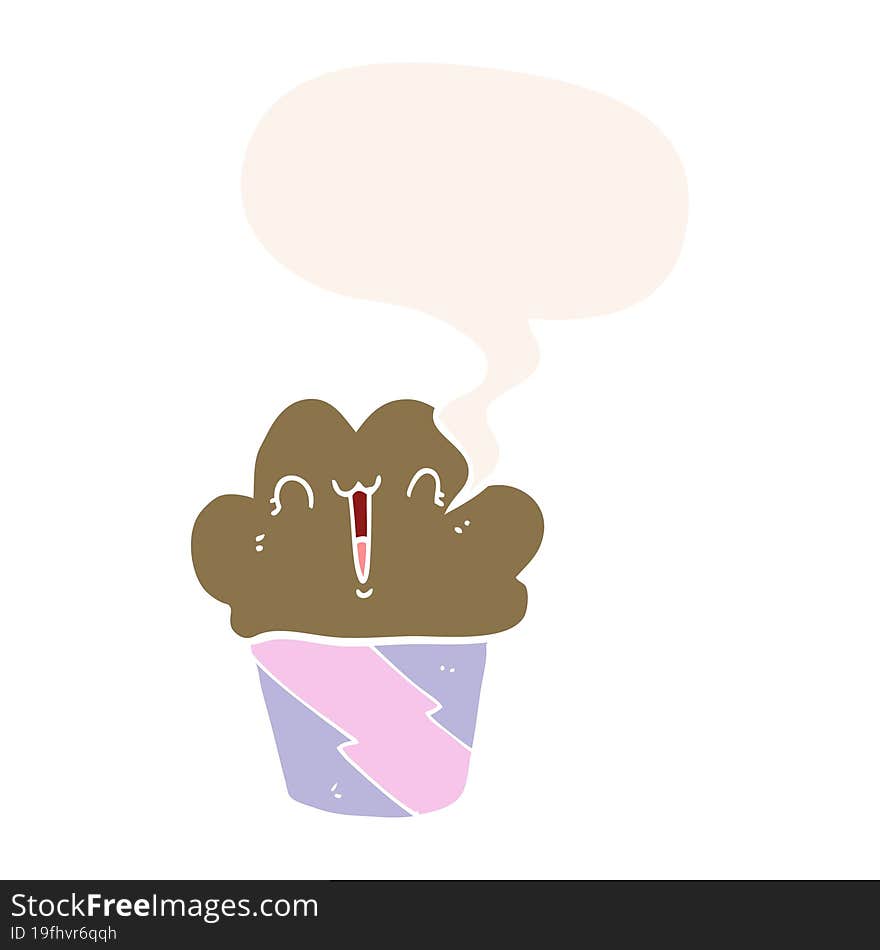 cartoon cupcake with face with speech bubble in retro style. cartoon cupcake with face with speech bubble in retro style