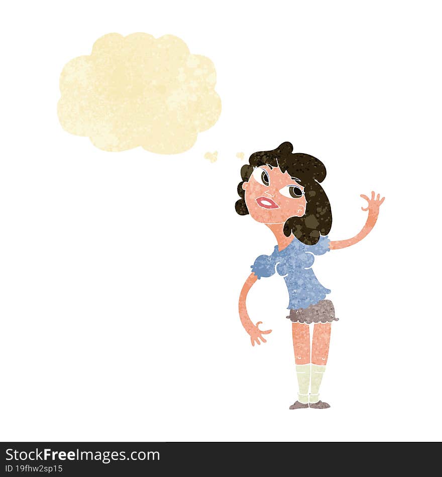 cartoon woman waving with thought bubble