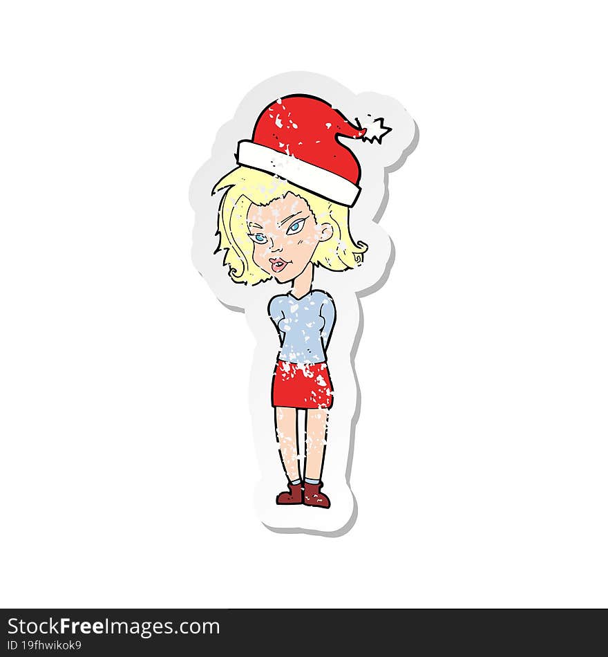 retro distressed sticker of a cartoon woman wearing christmas hat