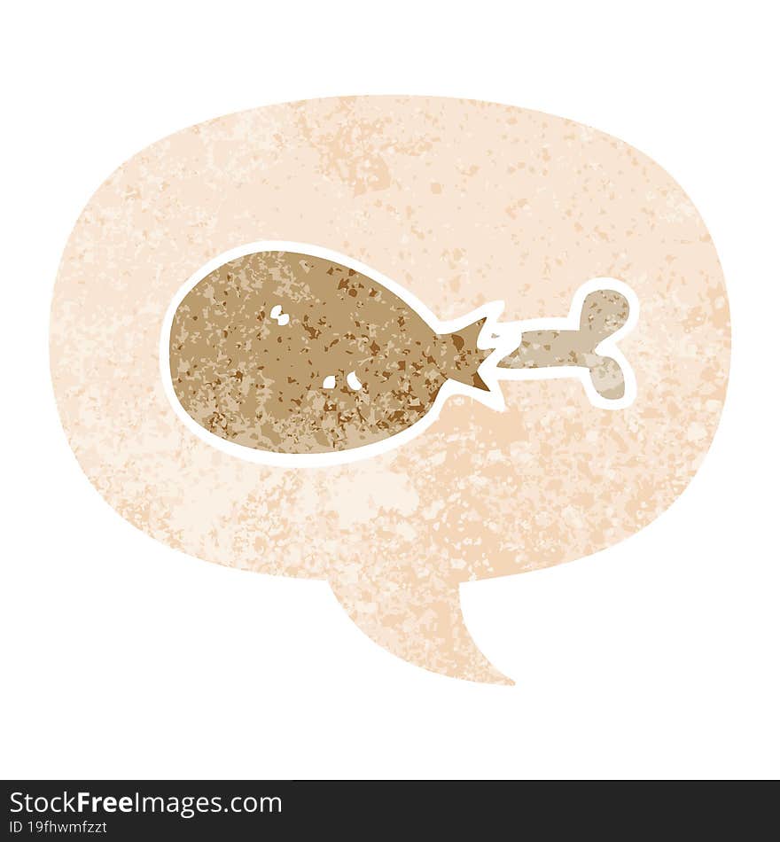 cartoon cooked chicken leg and speech bubble in retro textured style