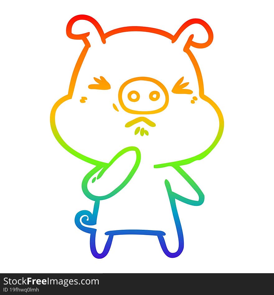 Rainbow Gradient Line Drawing Cartoon Angry Pig