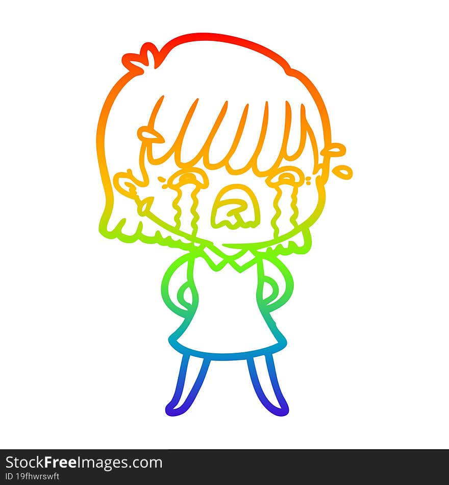 rainbow gradient line drawing of a cartoon girl crying