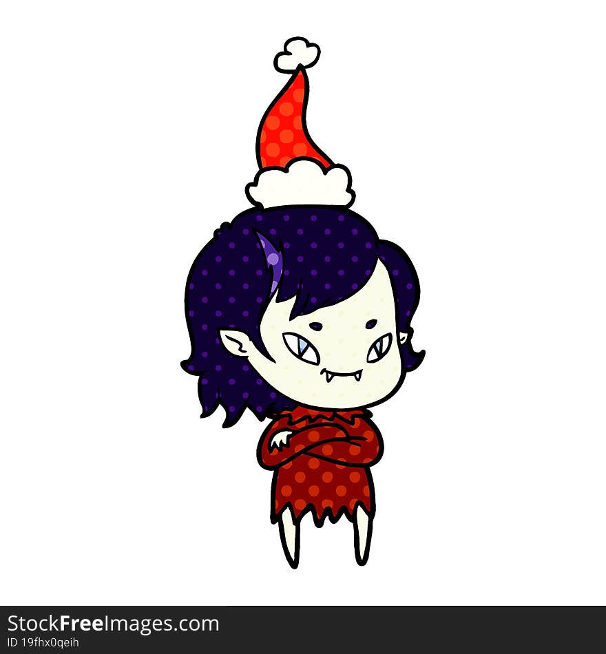 comic book style illustration of a friendly vampire girl wearing santa hat