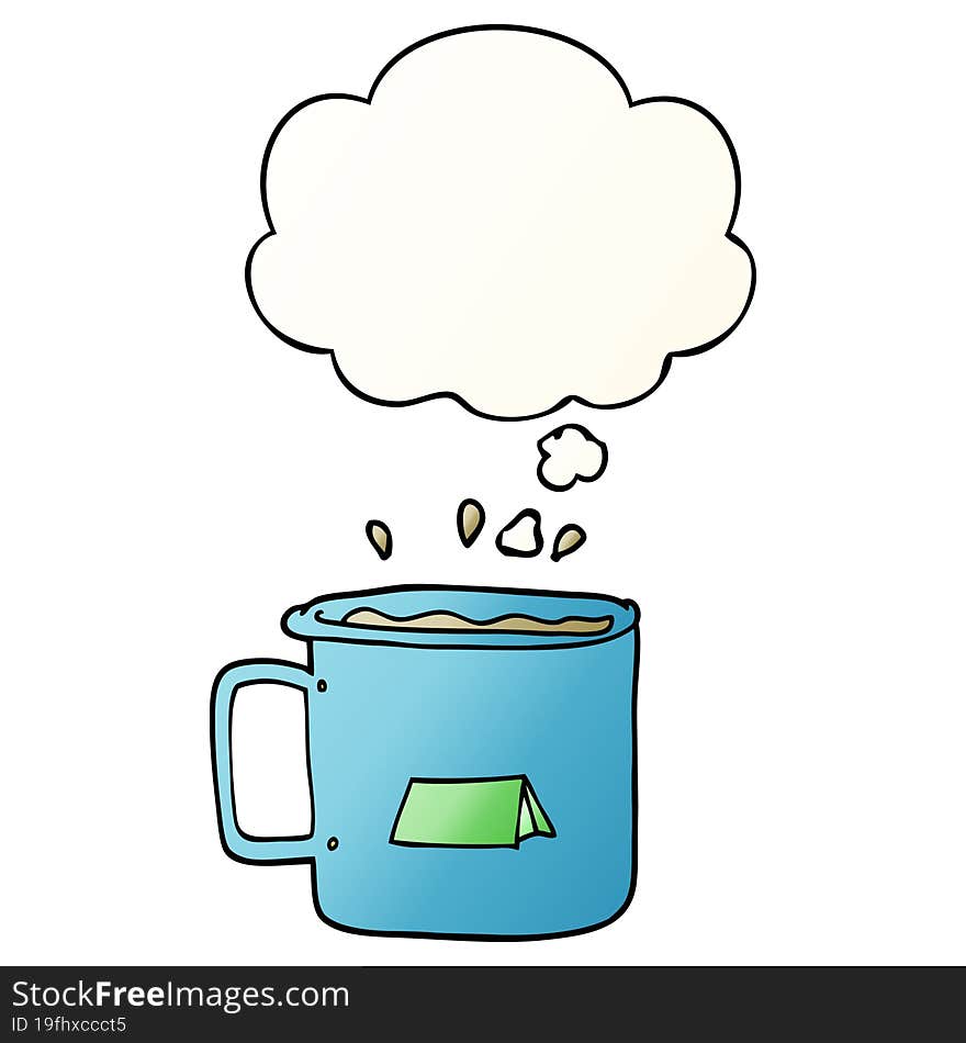 cartoon camping mug and thought bubble in smooth gradient style