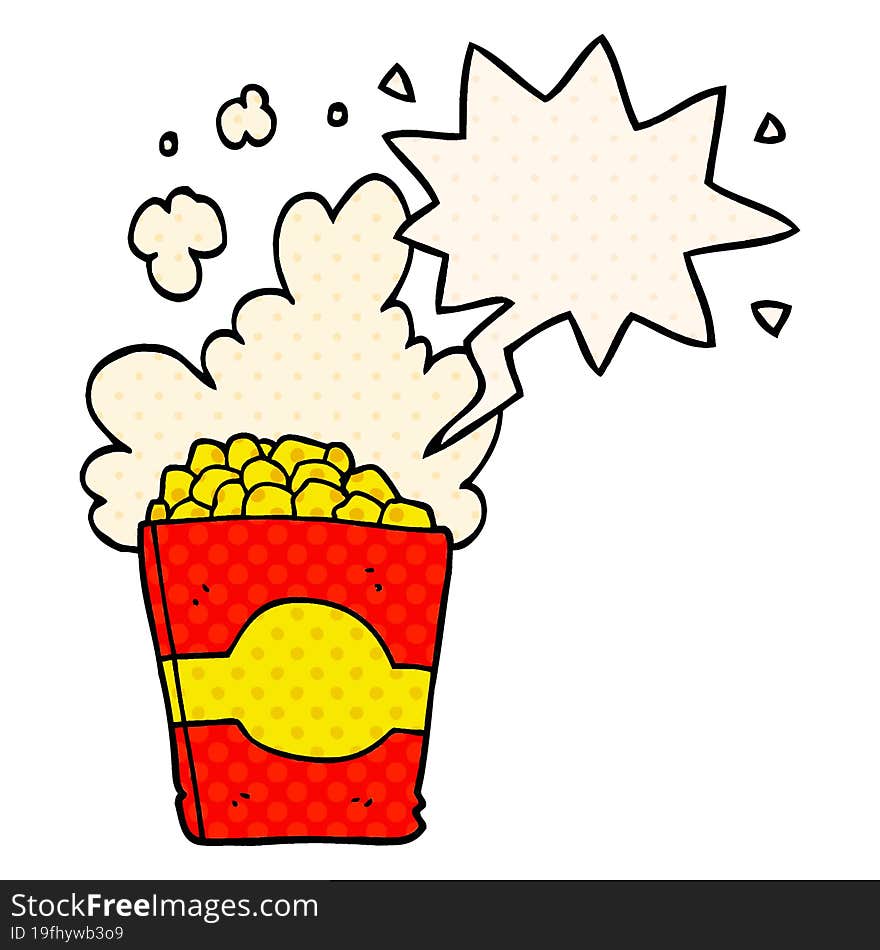 cartoon popcorn and speech bubble in comic book style