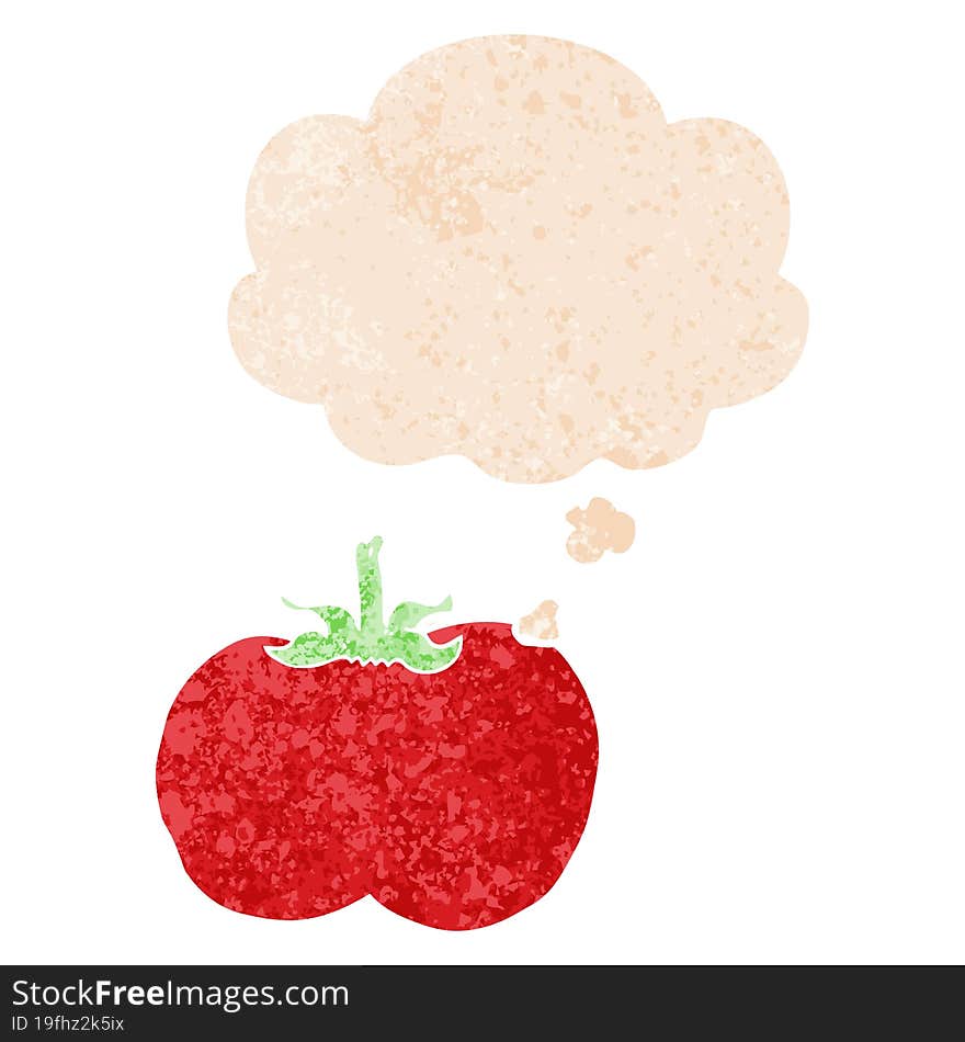 cartoon tomato and thought bubble in retro textured style