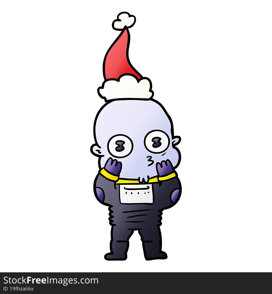 gradient cartoon of a weird bald spaceman wearing santa hat