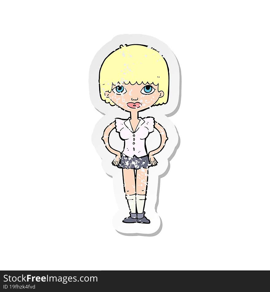 Retro Distressed Sticker Of A Cartoon Woman With Hands On Hips