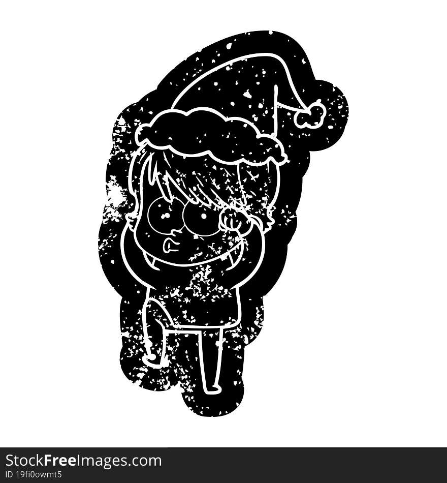 cartoon distressed icon of a woman wearing santa hat