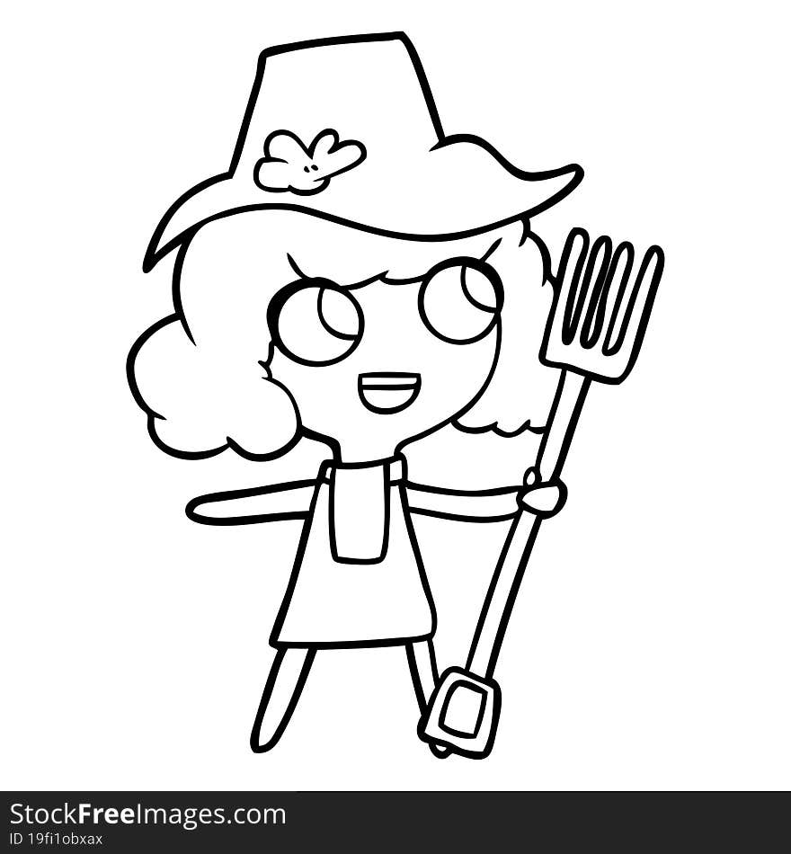 cartoon farmer girl with fork. cartoon farmer girl with fork