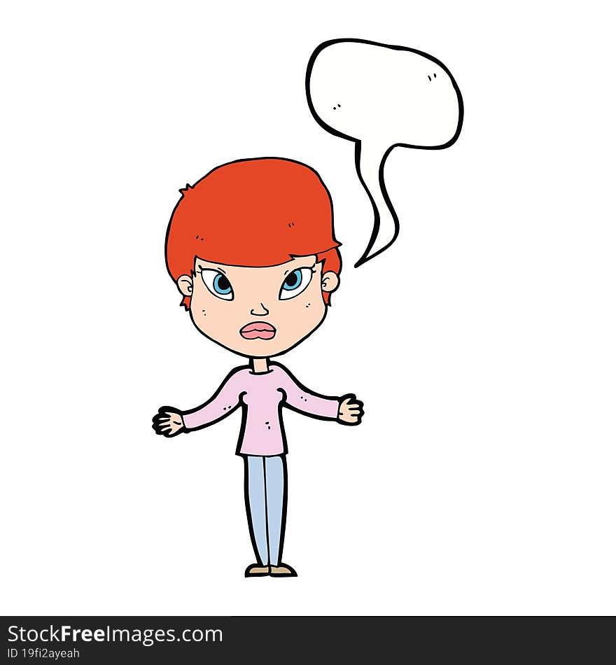 cartoon woman shrugging shoulders with speech bubble