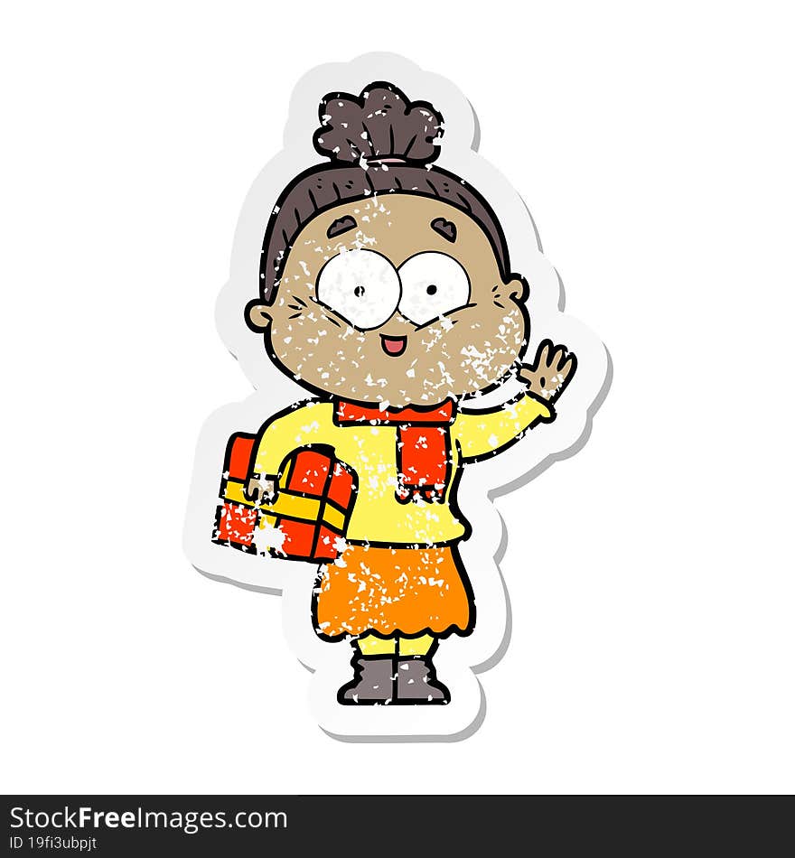 distressed sticker of a cartoon happy old woman