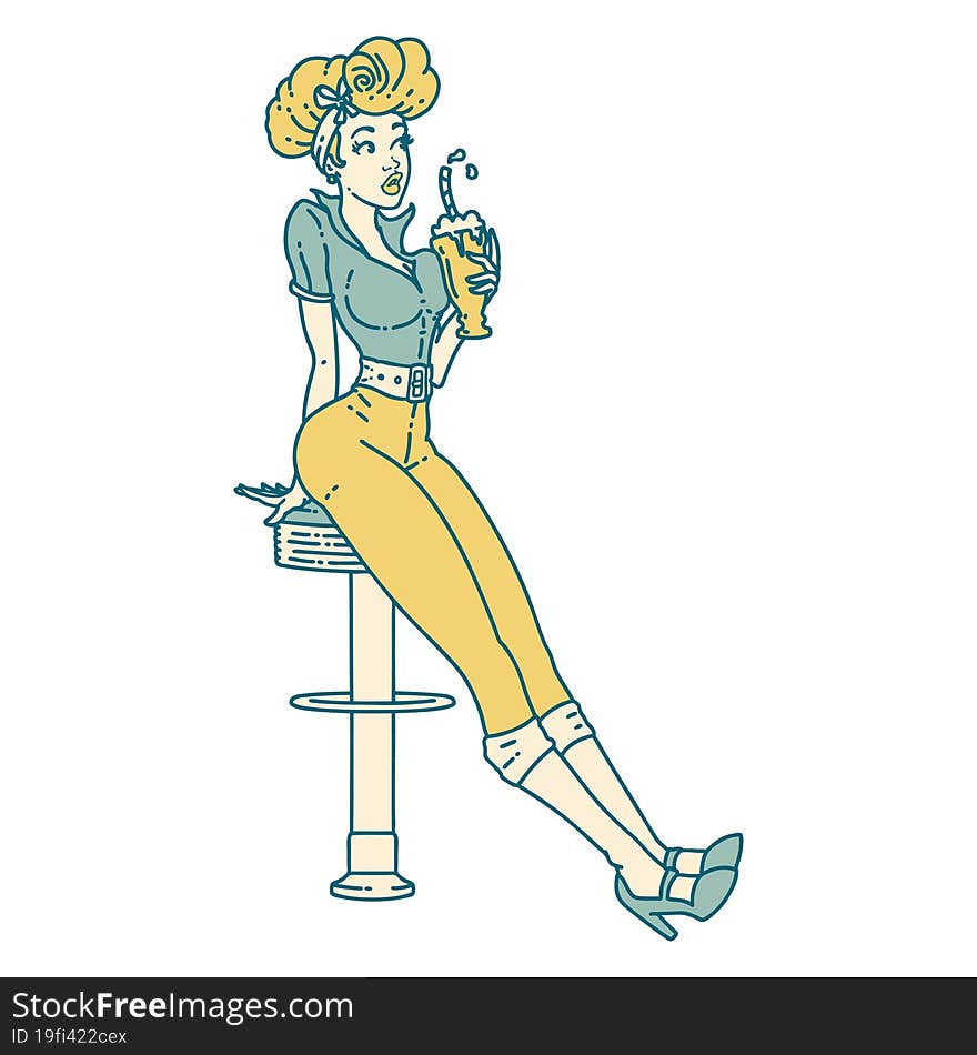 tattoo in traditional style of a pinup girl drinking a milkshake. tattoo in traditional style of a pinup girl drinking a milkshake