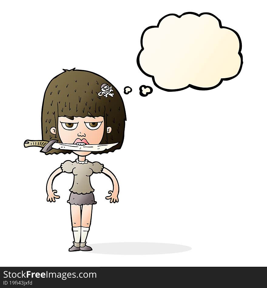 cartoon woman with knife between teeth with thought bubble