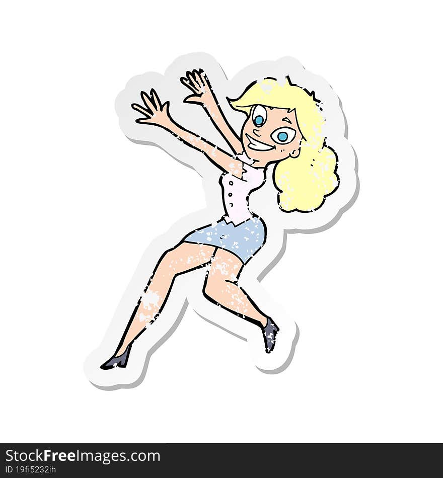 Retro Distressed Sticker Of A Cartoon Happy Woman Jumping