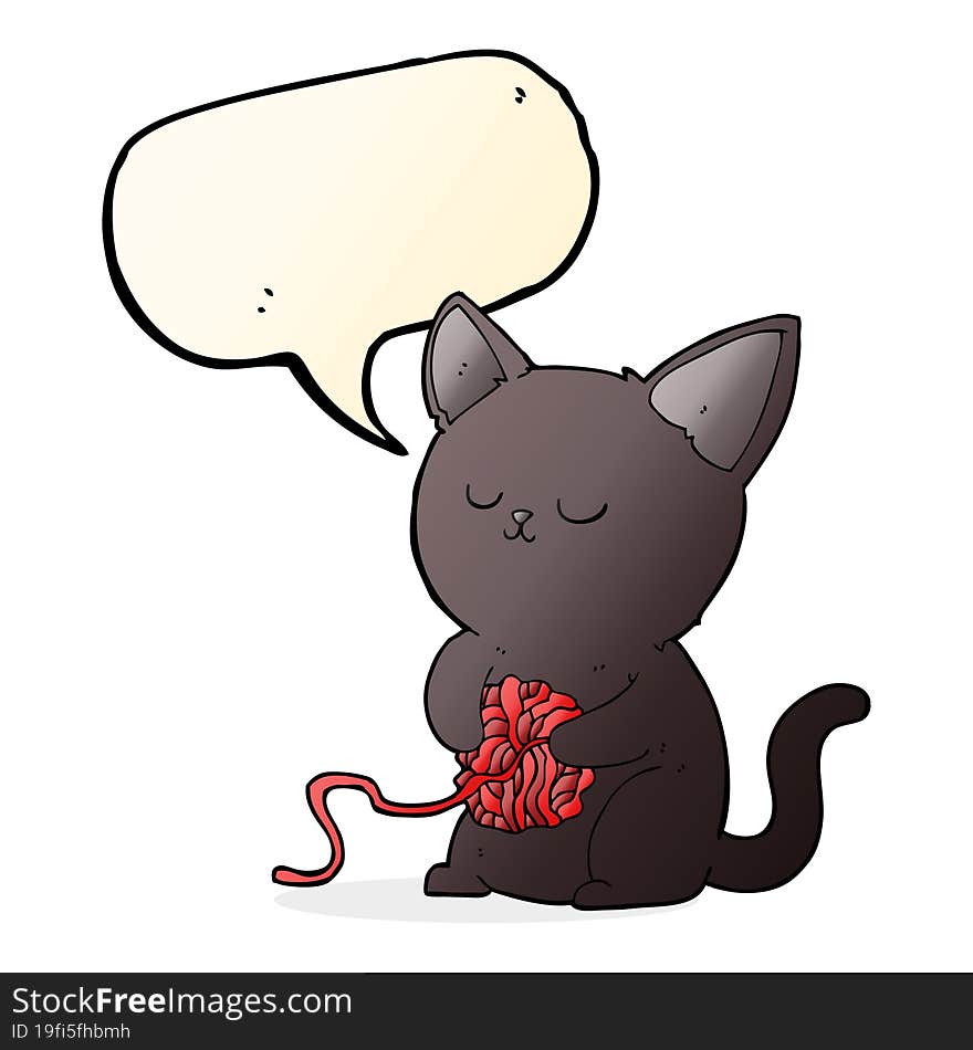 Cartoon Cute Black Cat Playing With Ball Of Yarn With Speech Bubble