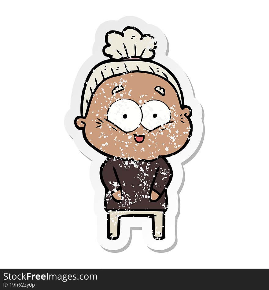 distressed sticker of a cartoon happy old woman