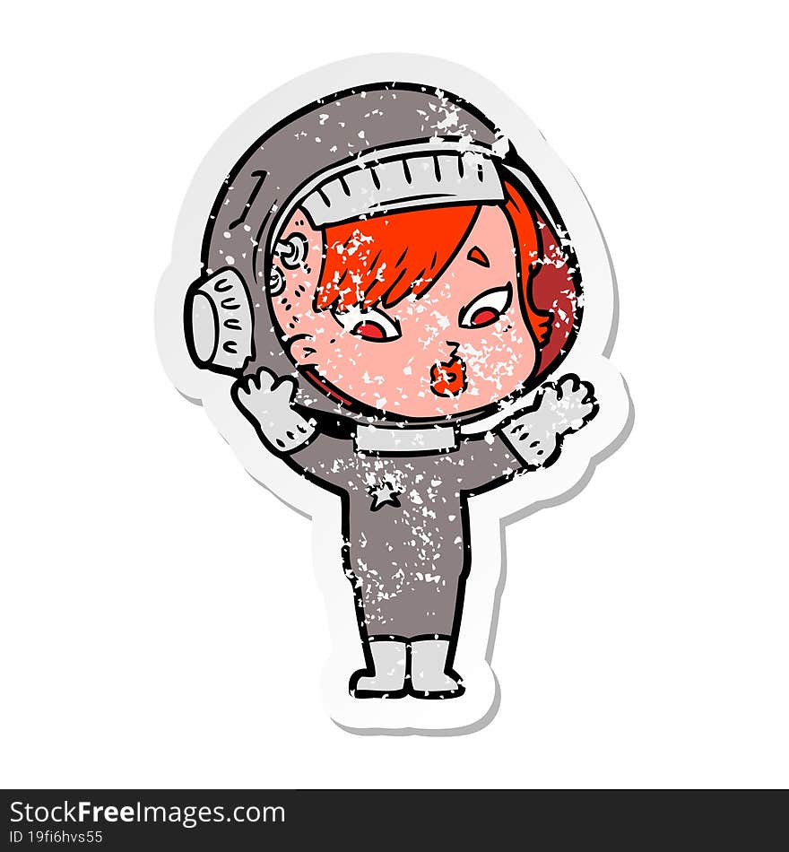 distressed sticker of a cartoon astronaut woman