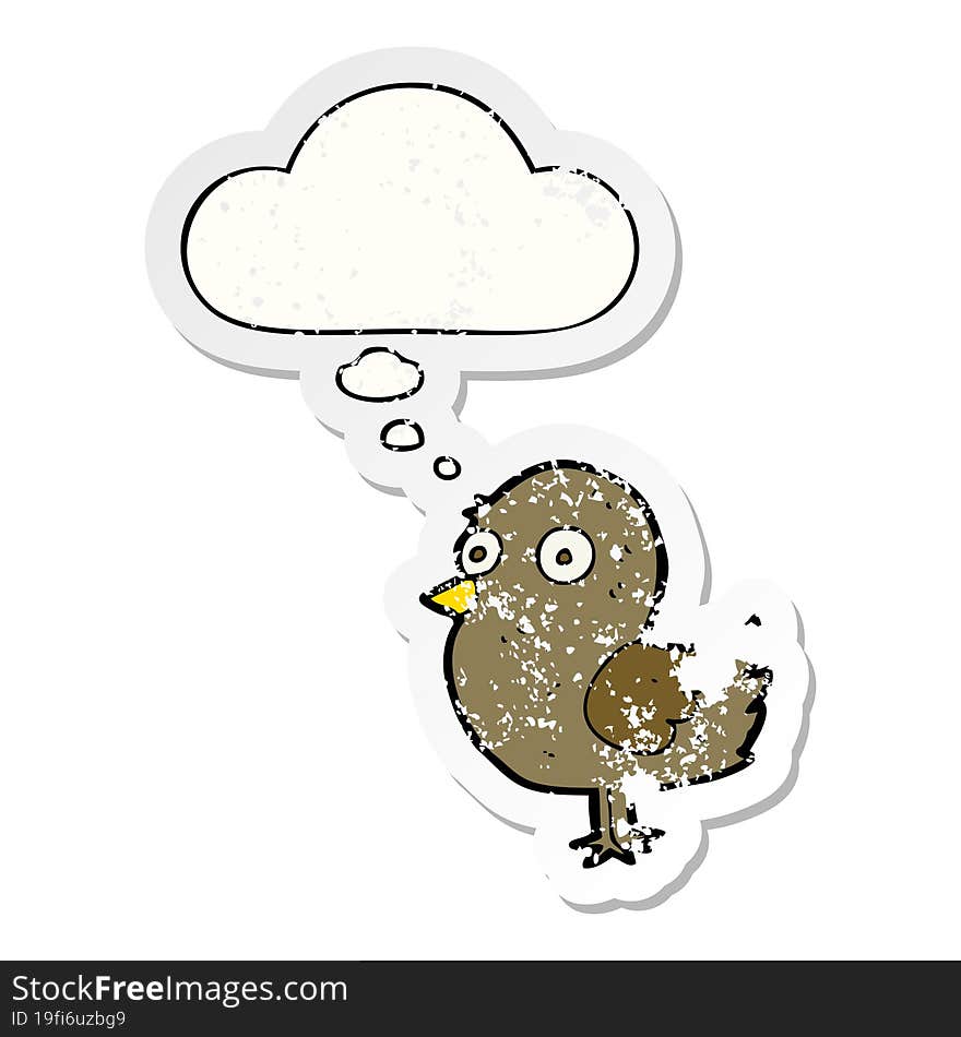 cartoon bird and thought bubble as a distressed worn sticker