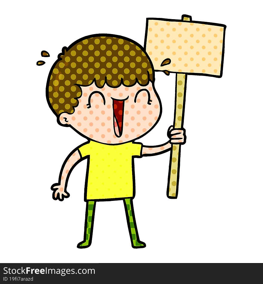 laughing cartoon man waving placard. laughing cartoon man waving placard