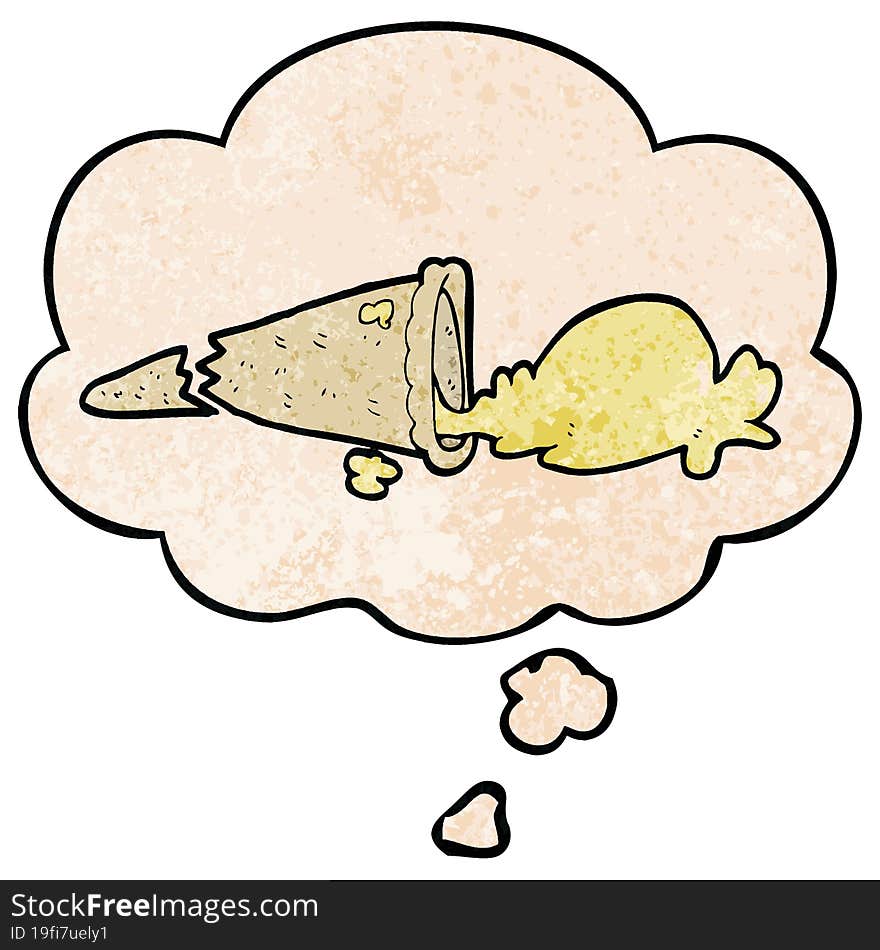 Cartoon Dropped Ice Cream And Thought Bubble In Grunge Texture Pattern Style