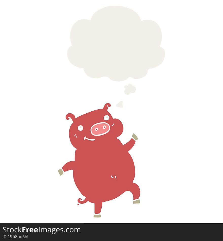 cartoon dancing pig and thought bubble in retro style