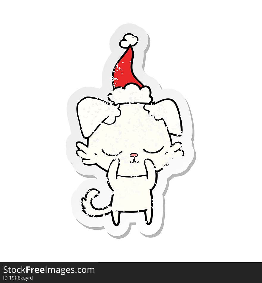 cute distressed sticker cartoon of a dog wearing santa hat