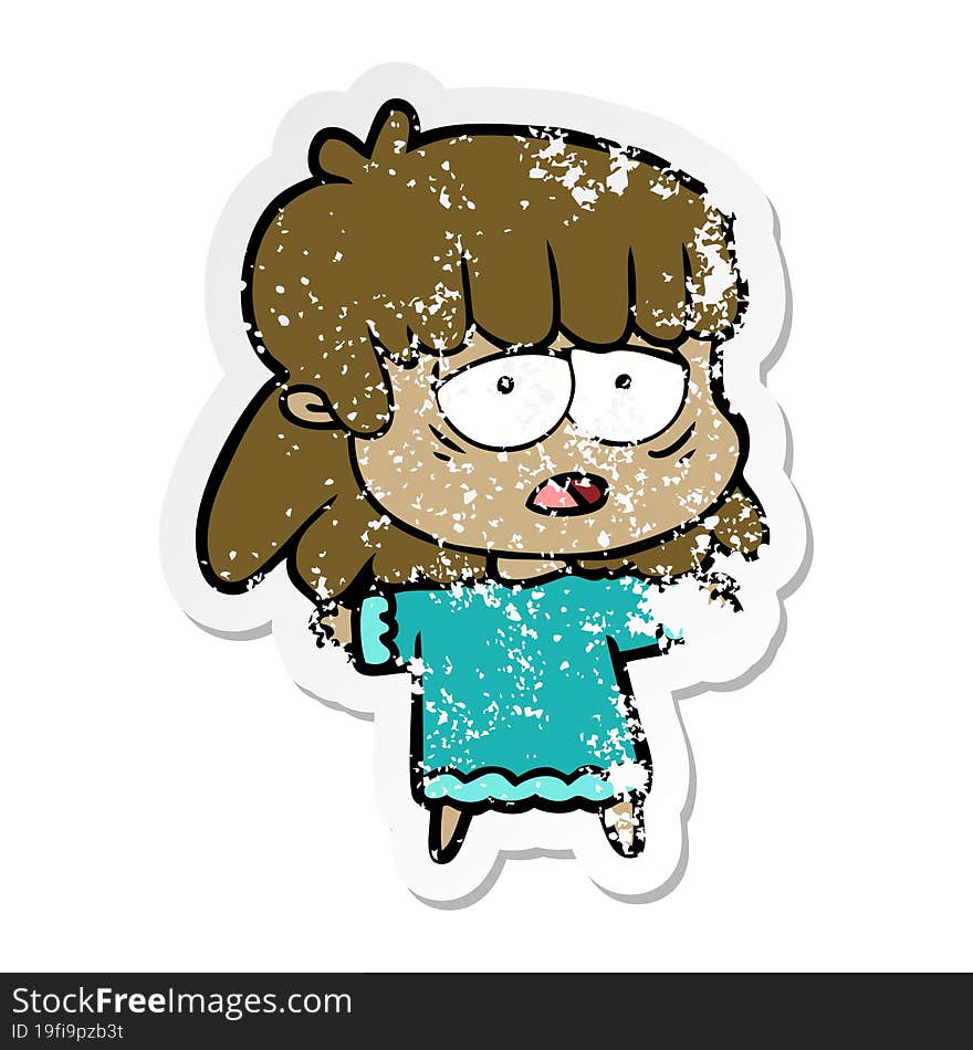 distressed sticker of a cartoon tired woman