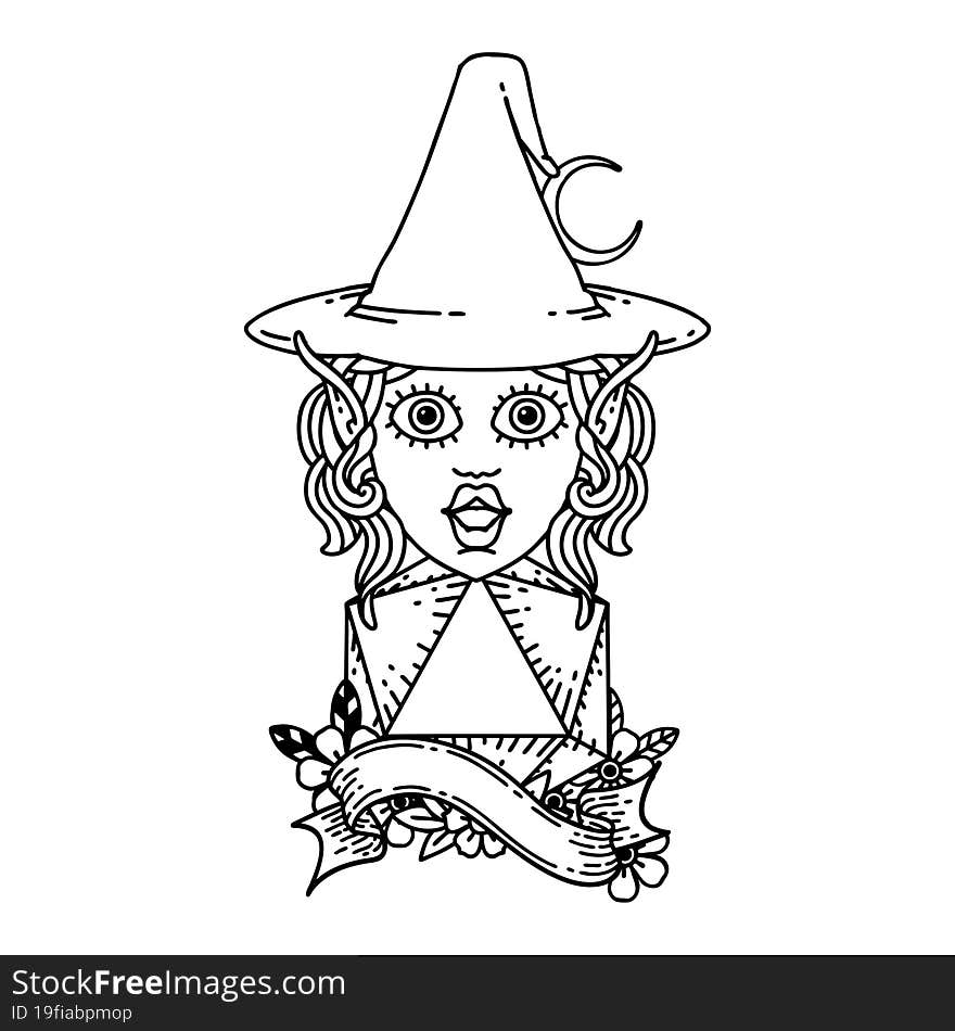 Black and White Tattoo linework Style elf mage character with natural twenty dice roll. Black and White Tattoo linework Style elf mage character with natural twenty dice roll