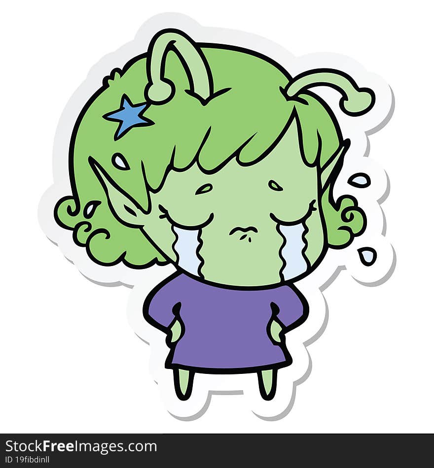 Sticker Of A Cartoon Crying Alien Girl