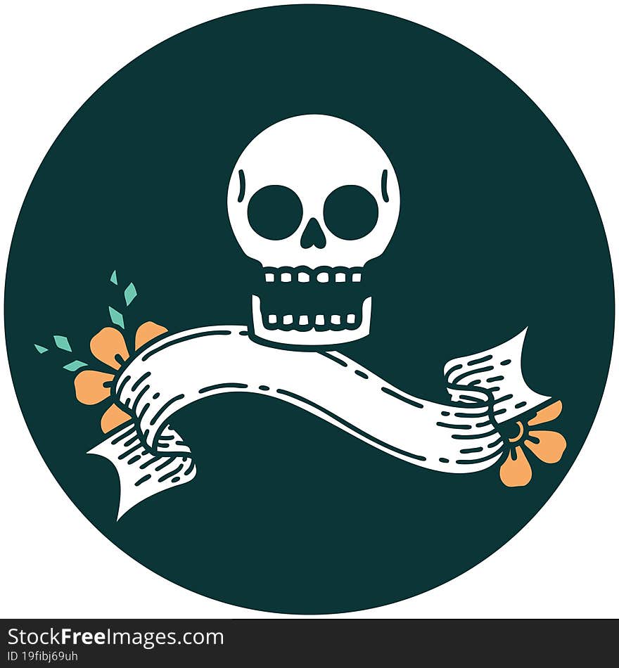 tattoo style icon with banner of a skull