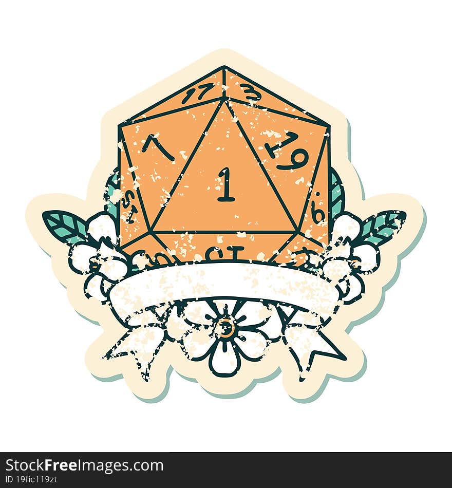 Retro Tattoo Style natural one d20 dice roll. Retro Tattoo Style natural one d20 dice roll