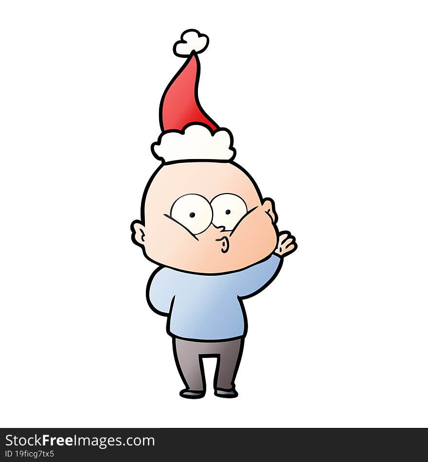 gradient cartoon of a bald man staring wearing santa hat