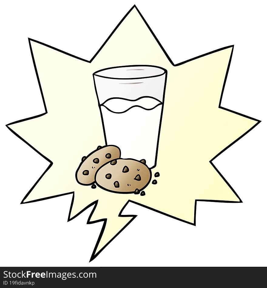 cartoon cookies and milk with speech bubble in smooth gradient style