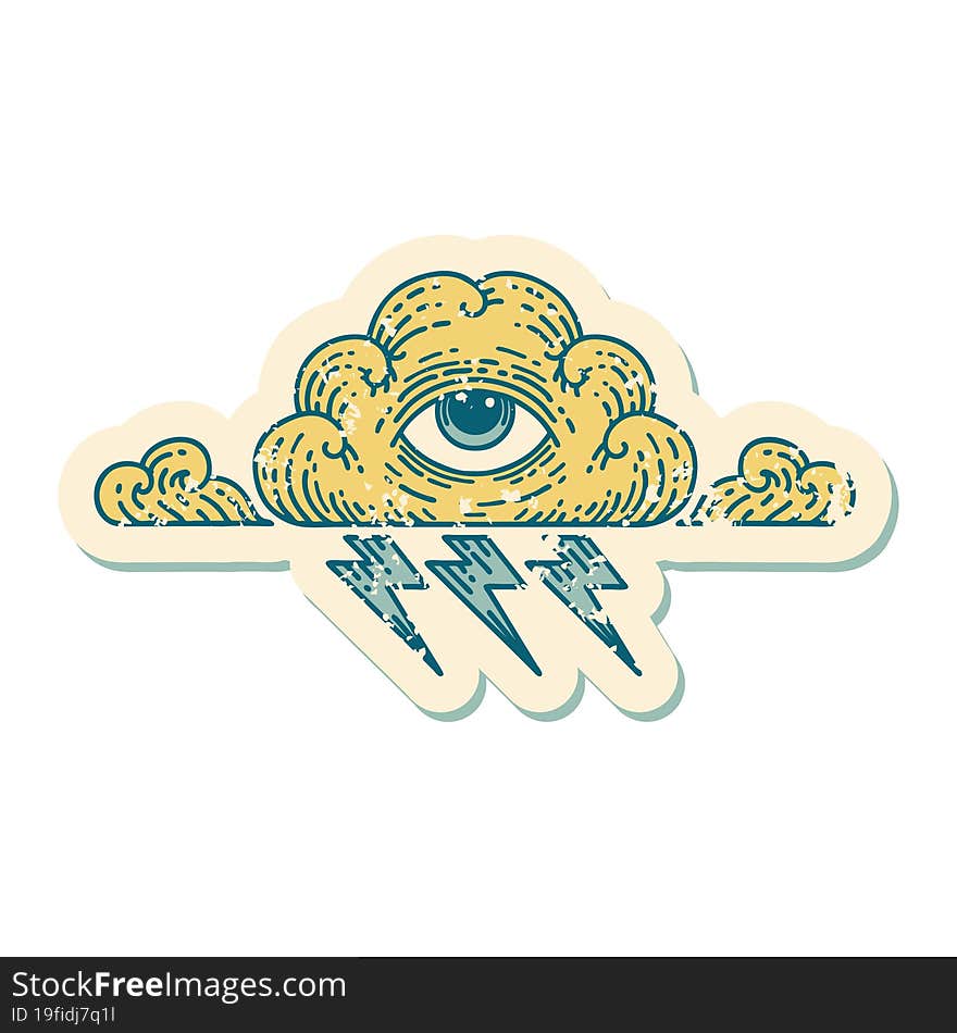 iconic distressed sticker tattoo style image of an all seeing eye cloud. iconic distressed sticker tattoo style image of an all seeing eye cloud