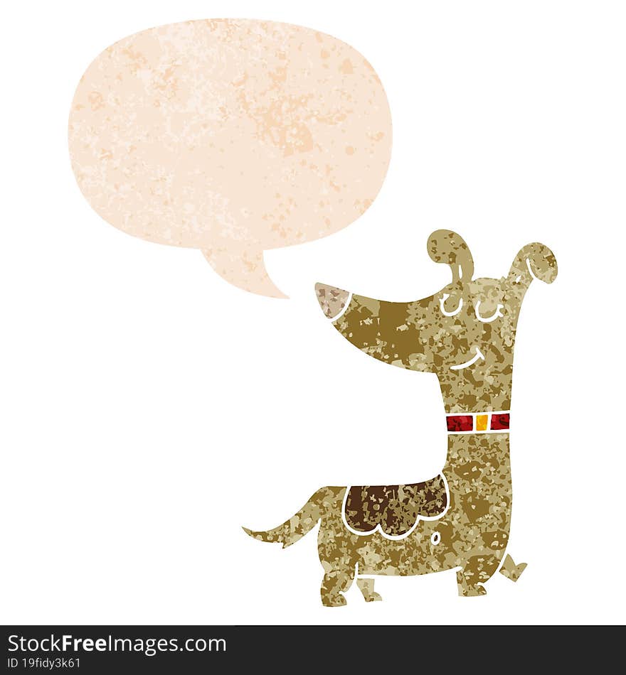 cartoon dog with speech bubble in grunge distressed retro textured style. cartoon dog with speech bubble in grunge distressed retro textured style