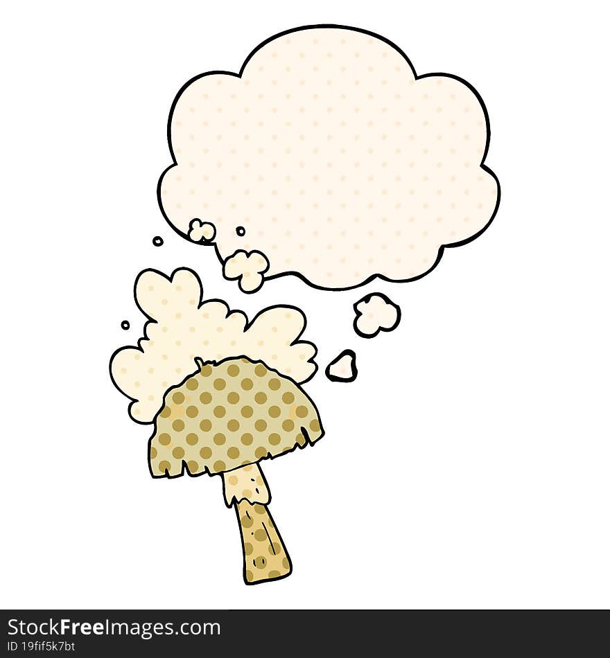 Cartoon Mushroom With Spore Cloud And Thought Bubble In Comic Book Style