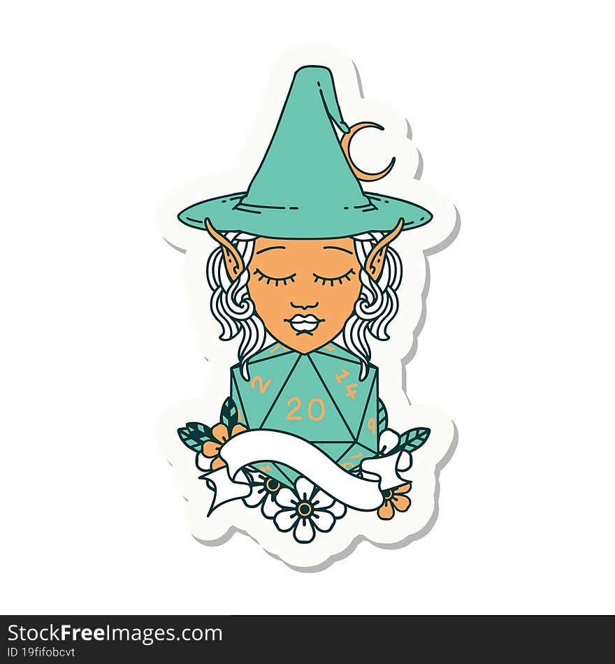 sticker of a elf mage character with natural twenty dice roll. sticker of a elf mage character with natural twenty dice roll