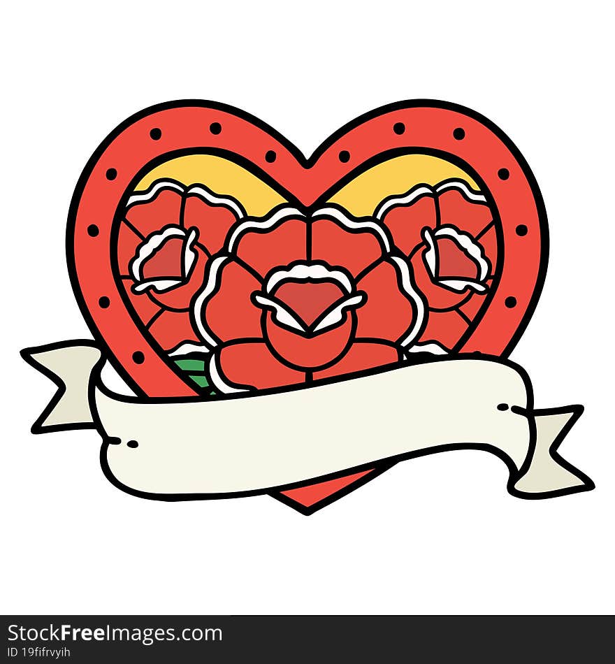 tattoo in traditional style of a heart and banner with flowers. tattoo in traditional style of a heart and banner with flowers