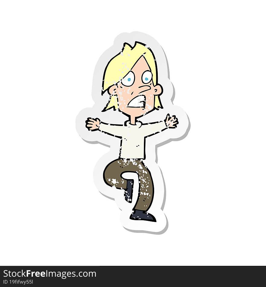 retro distressed sticker of a cartoon panicking man