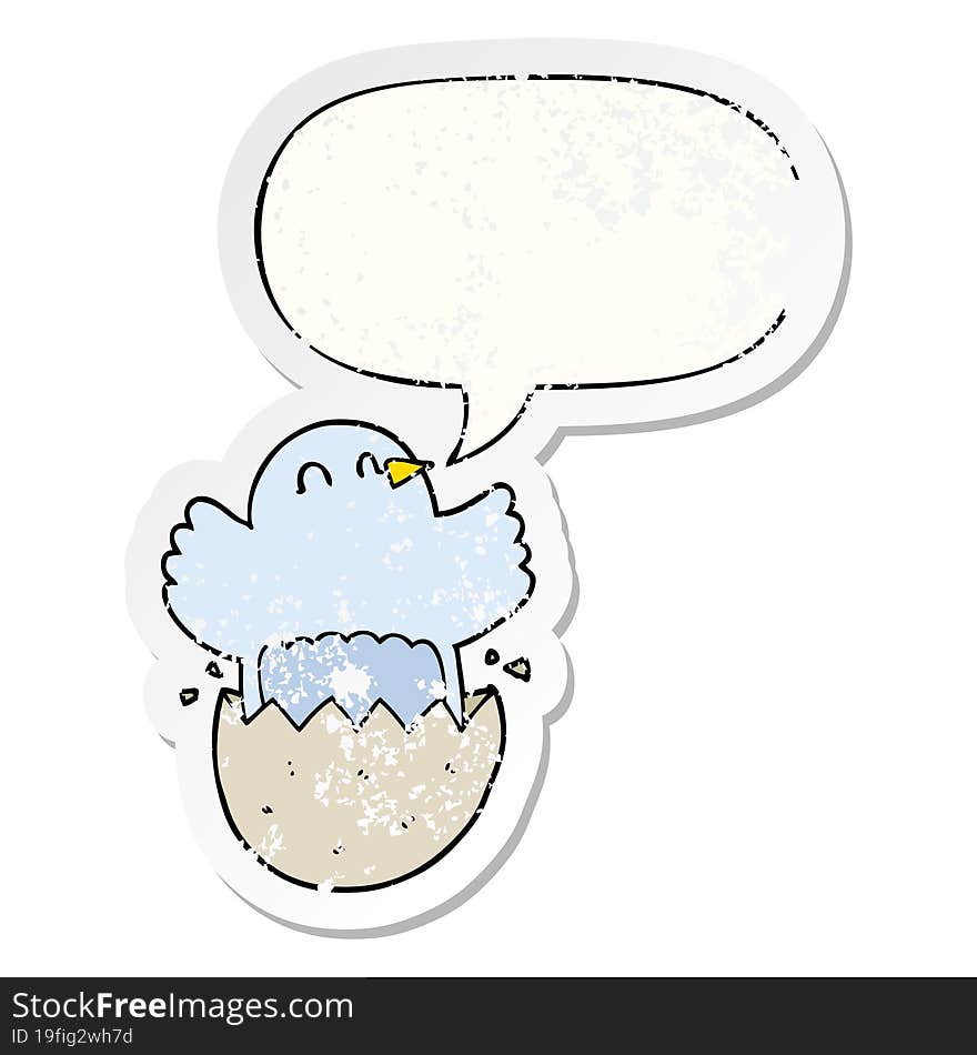 cartoon hatching chicken with speech bubble distressed distressed old sticker. cartoon hatching chicken with speech bubble distressed distressed old sticker