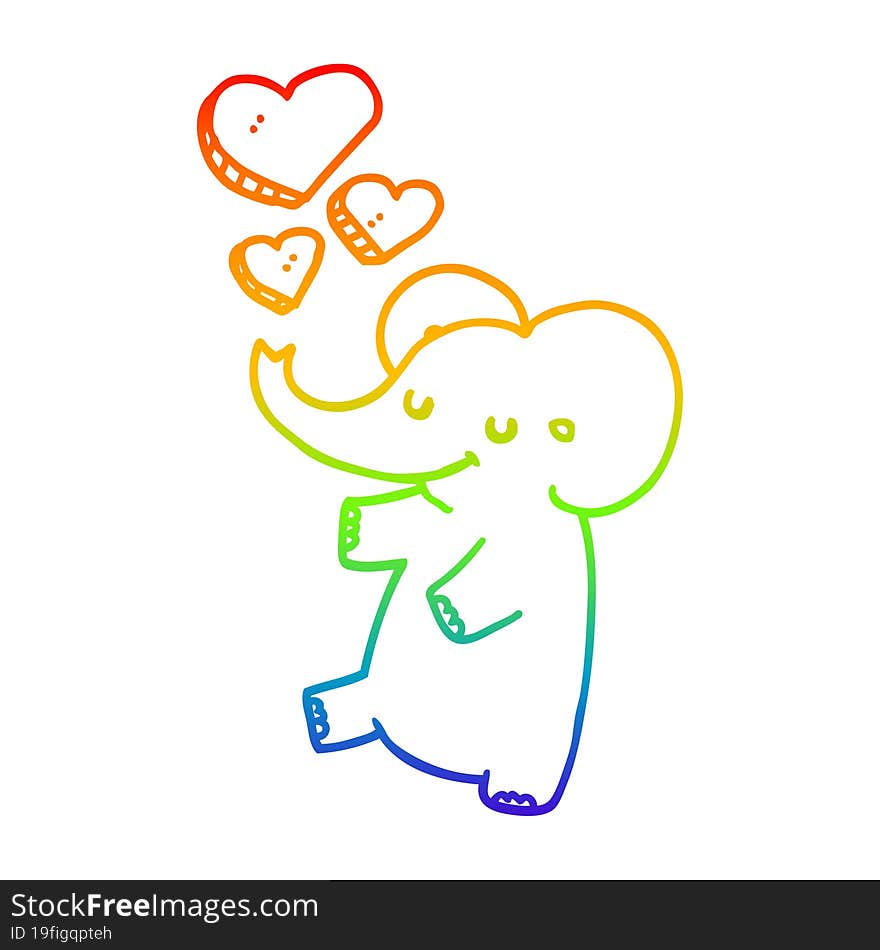 rainbow gradient line drawing of a cartoon elephant with love hearts