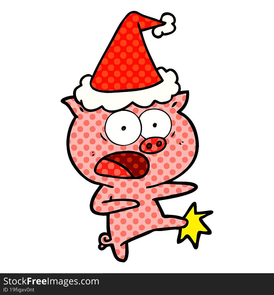 comic book style illustration of a pig shouting and kicking wearing santa hat