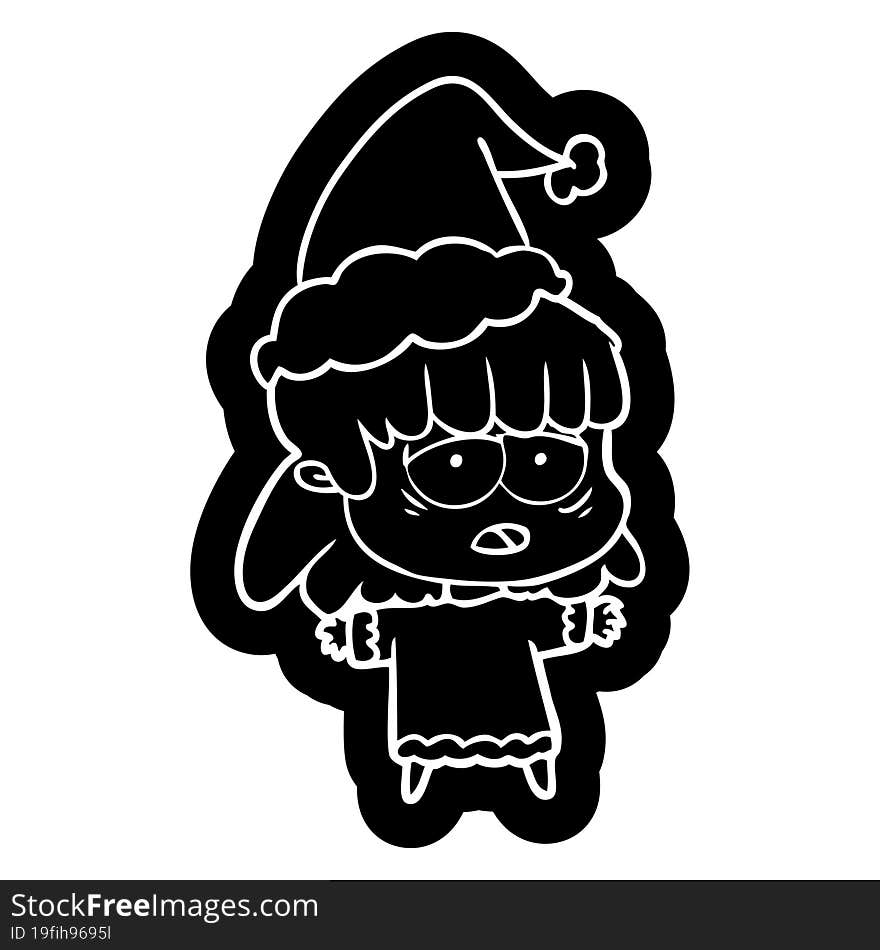 cartoon icon of a tired woman wearing santa hat