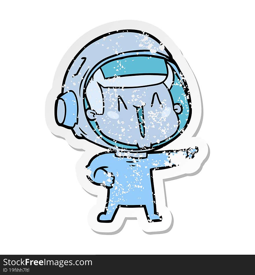 Distressed Sticker Of A Happy Cartoon Astronaut Pointing