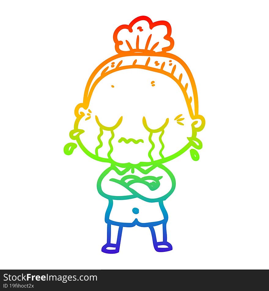 Rainbow Gradient Line Drawing Cartoon Crying Old Lady