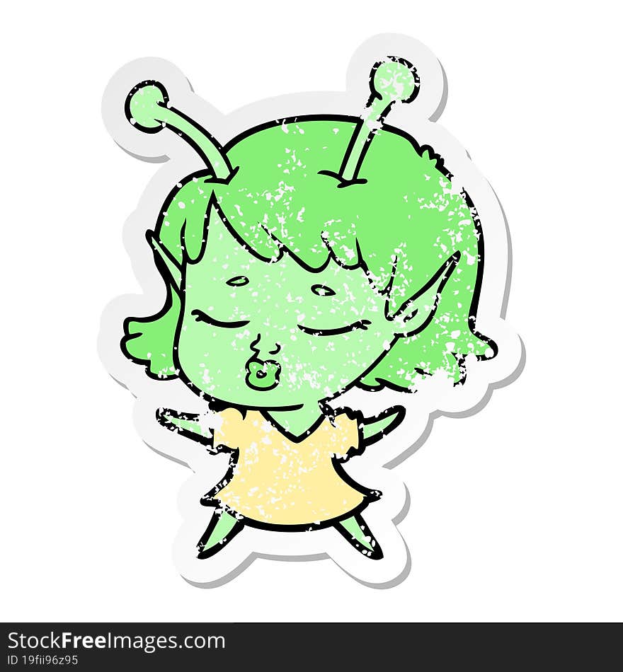 Distressed Sticker Of A Cute Alien Girl Cartoon