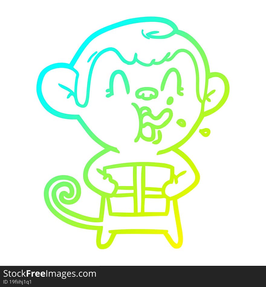 cold gradient line drawing crazy cartoon monkey with christmas present